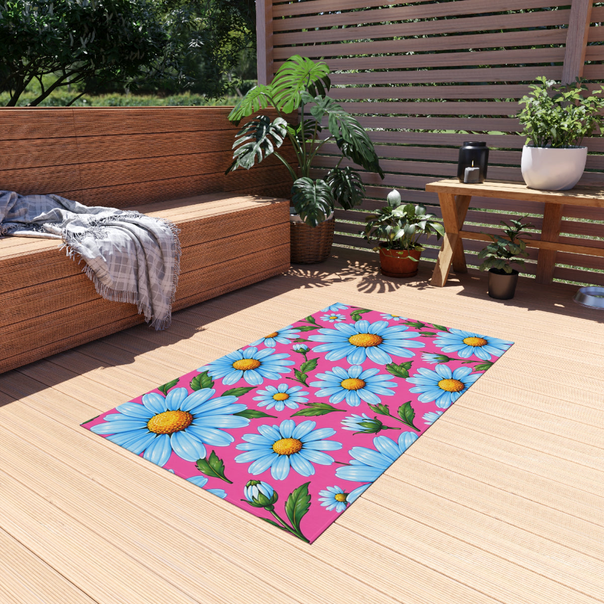 Daisy Bloom Outdoor Rug — Bright Blue Daisies on Pink Patio Mat