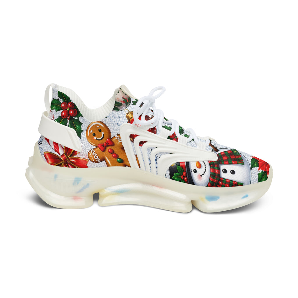 Christmas Snowman & Poinsettia Women's Mesh Sneakers — Holiday Graphic Athletic Shoes