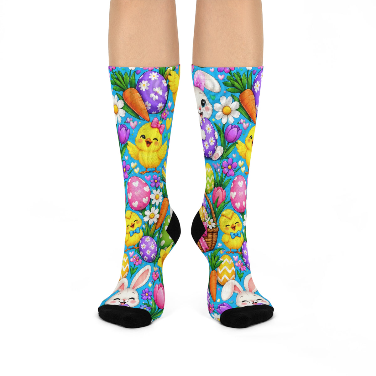 Easter Chick & Bunny Cushioned Crew Socks — Colorful Egg, Carrot & Spring Floral Design