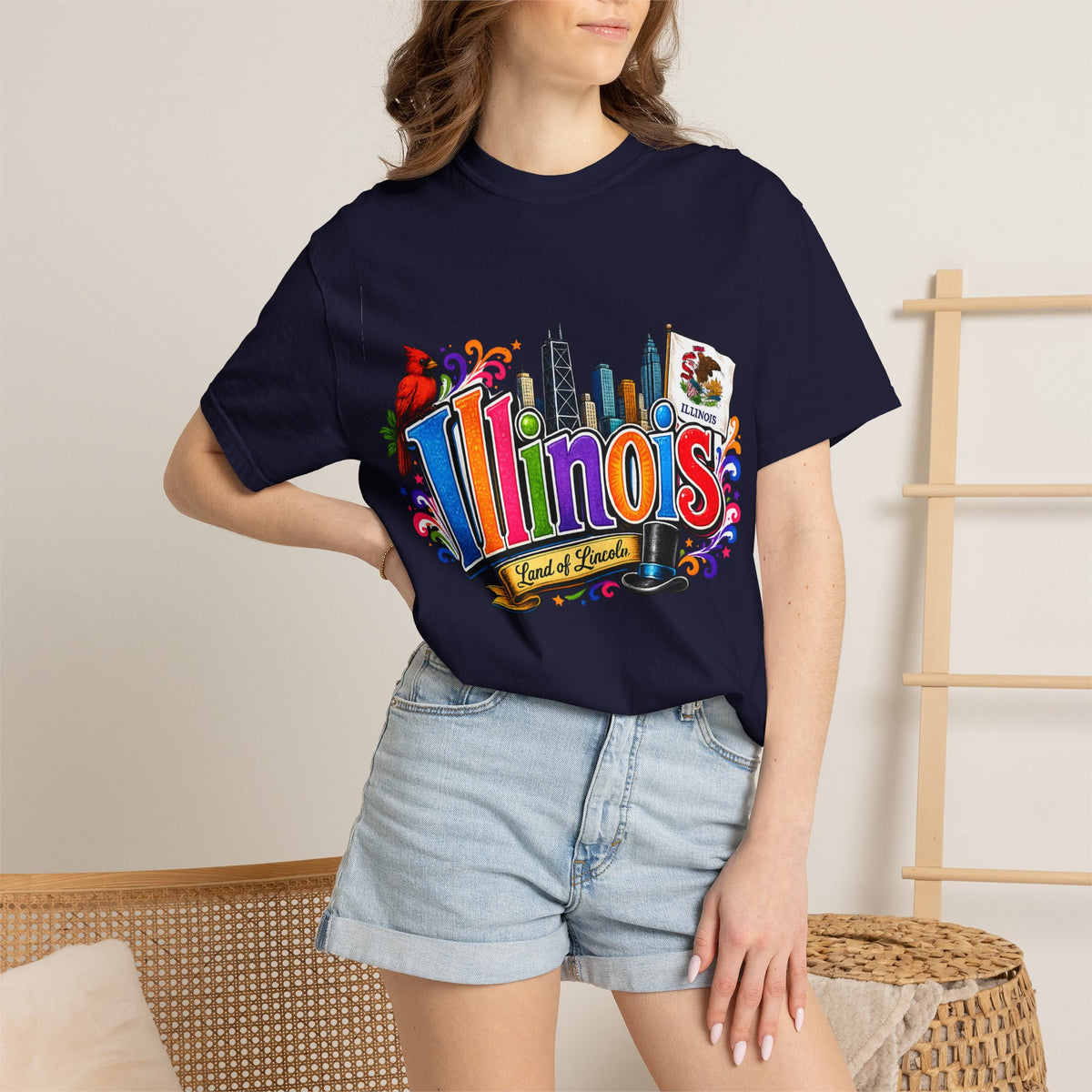 Illinois state skyline tee | Illinois T-shirt with cardinal and state flag