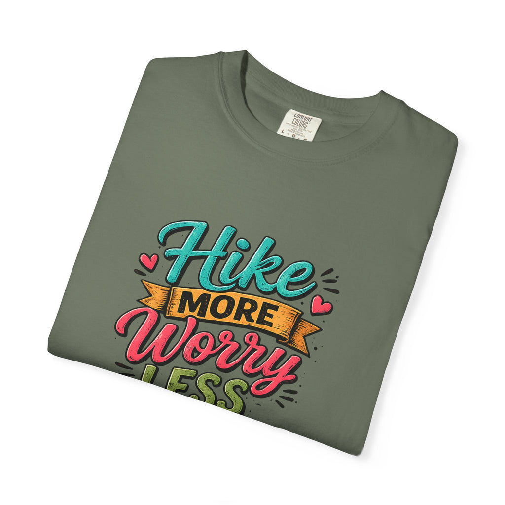 Hike More Worry Less T-Shirt | Hiking Backpack Trail Sign Tee