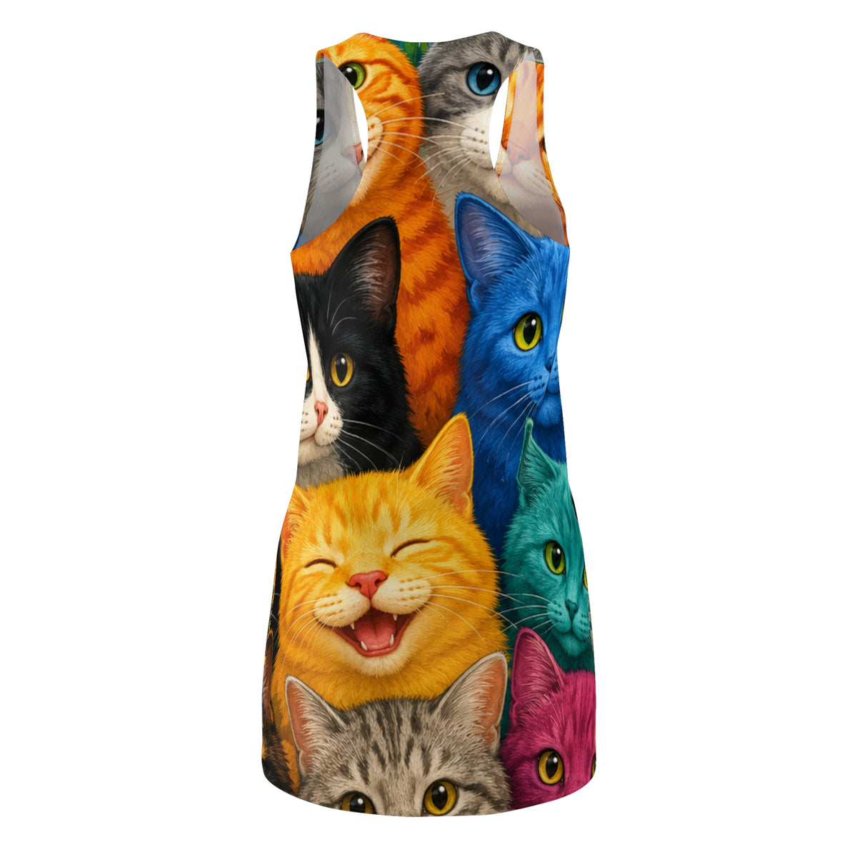 Colorful Cat Print Racerback Dress — Cute Multicolor Kitten All-Over Print