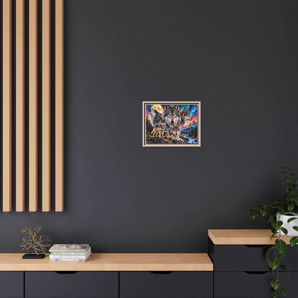 Framed Wolf Pack Matte Canvas Wall Art — Northern Lights Wilderness Scene