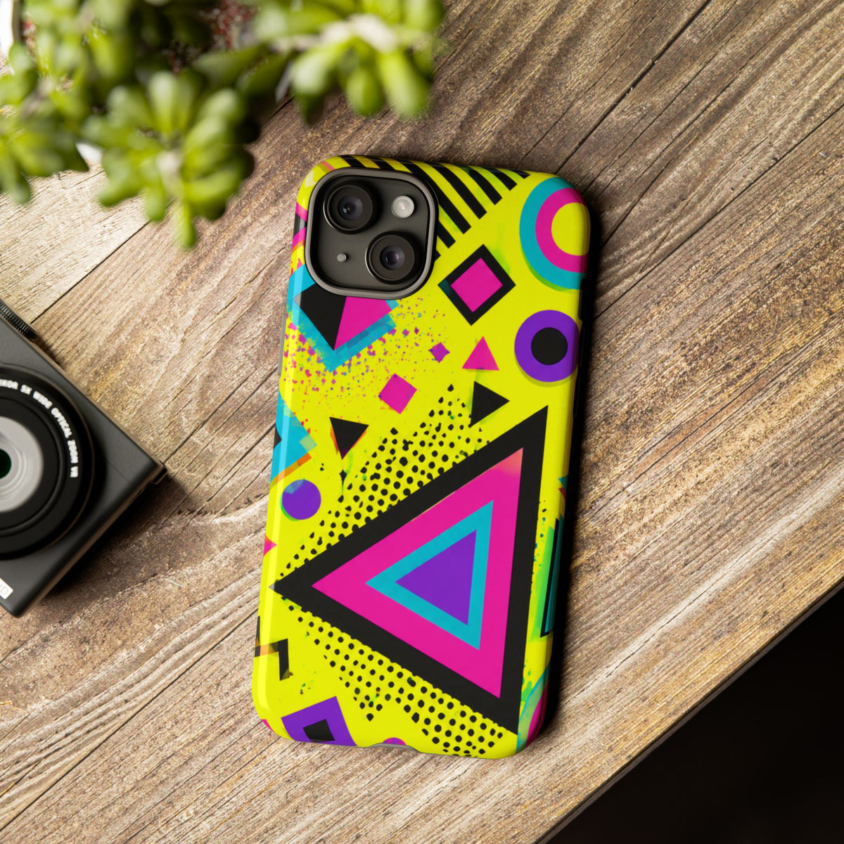 Retro 80s Geometric Phone Case — Neon Memphis Triangle Design