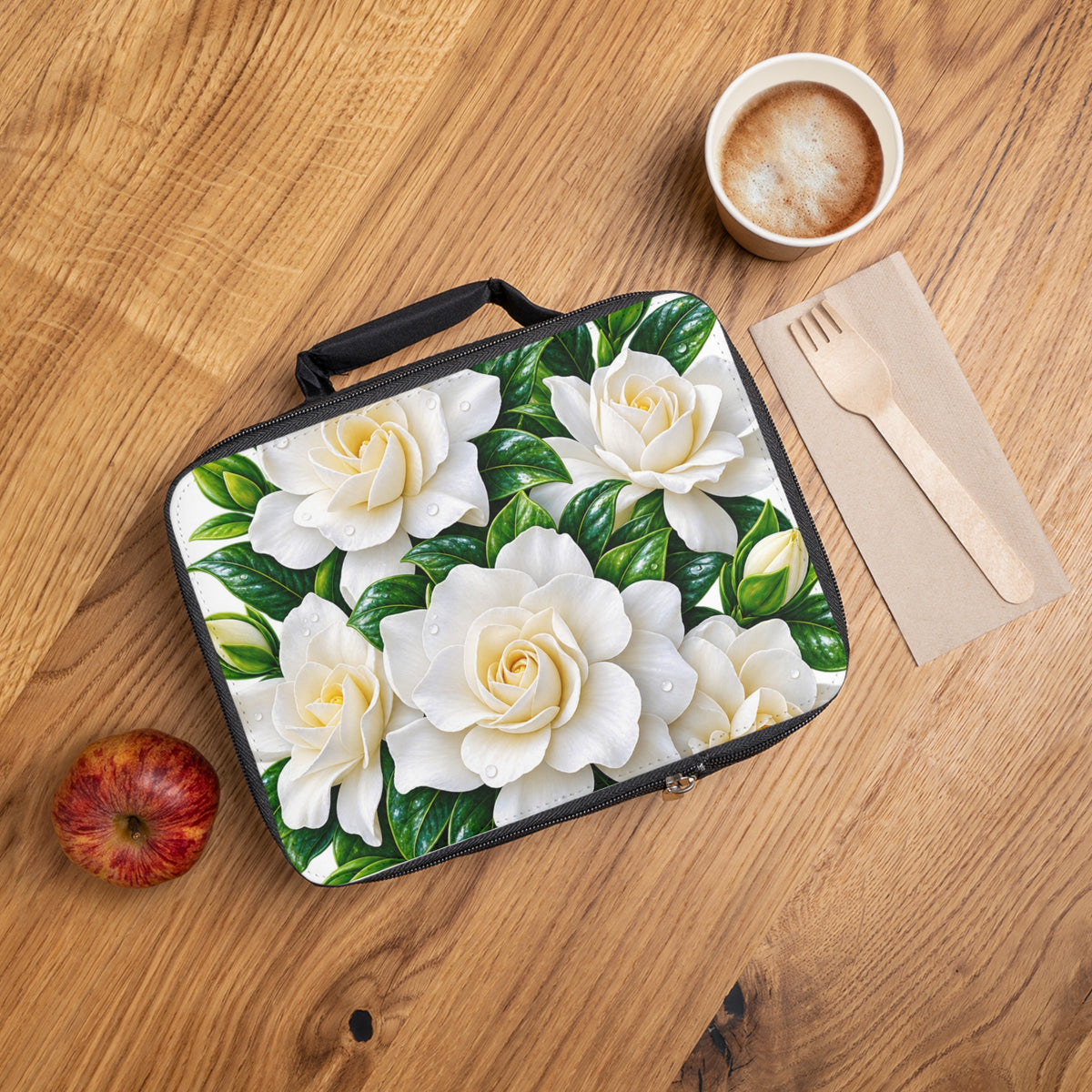 Gardenia Lunch Bag — Floral Insulated Lunchbox with White Gardenia Design