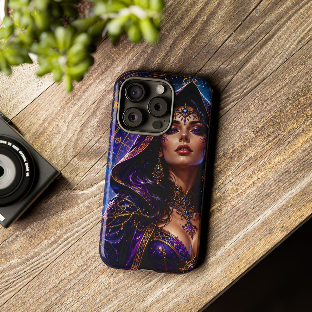 Phone Case — Mystical Sorceress Art Protective Tough Case (Astrology, Purple Hooded Witch)