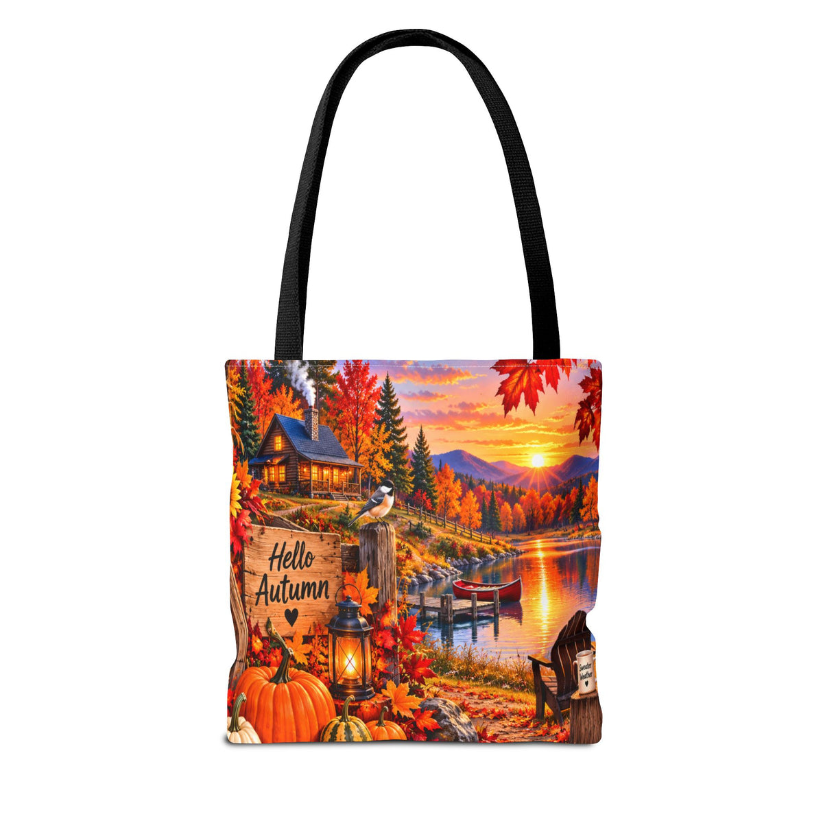 Autumn Lakeside Tote Bag — "Hello Autumn" Fall Cabin Sunset Design
