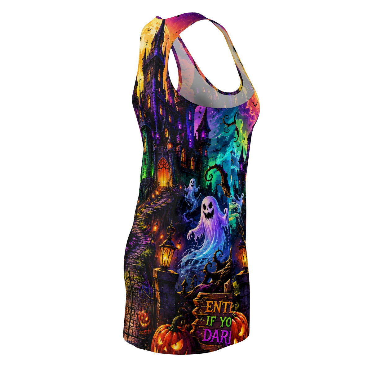 Halloween Haunted Castle Racerback Dress — Spooky Ghost & Pumpkin All-Over Print