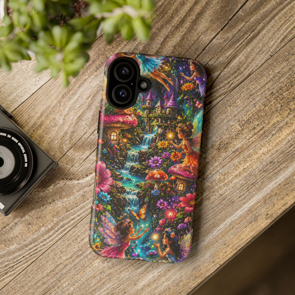 Fairy Garden Tough Phone Case — Whimsical Cottage, Waterfall & Mushroom Artwork