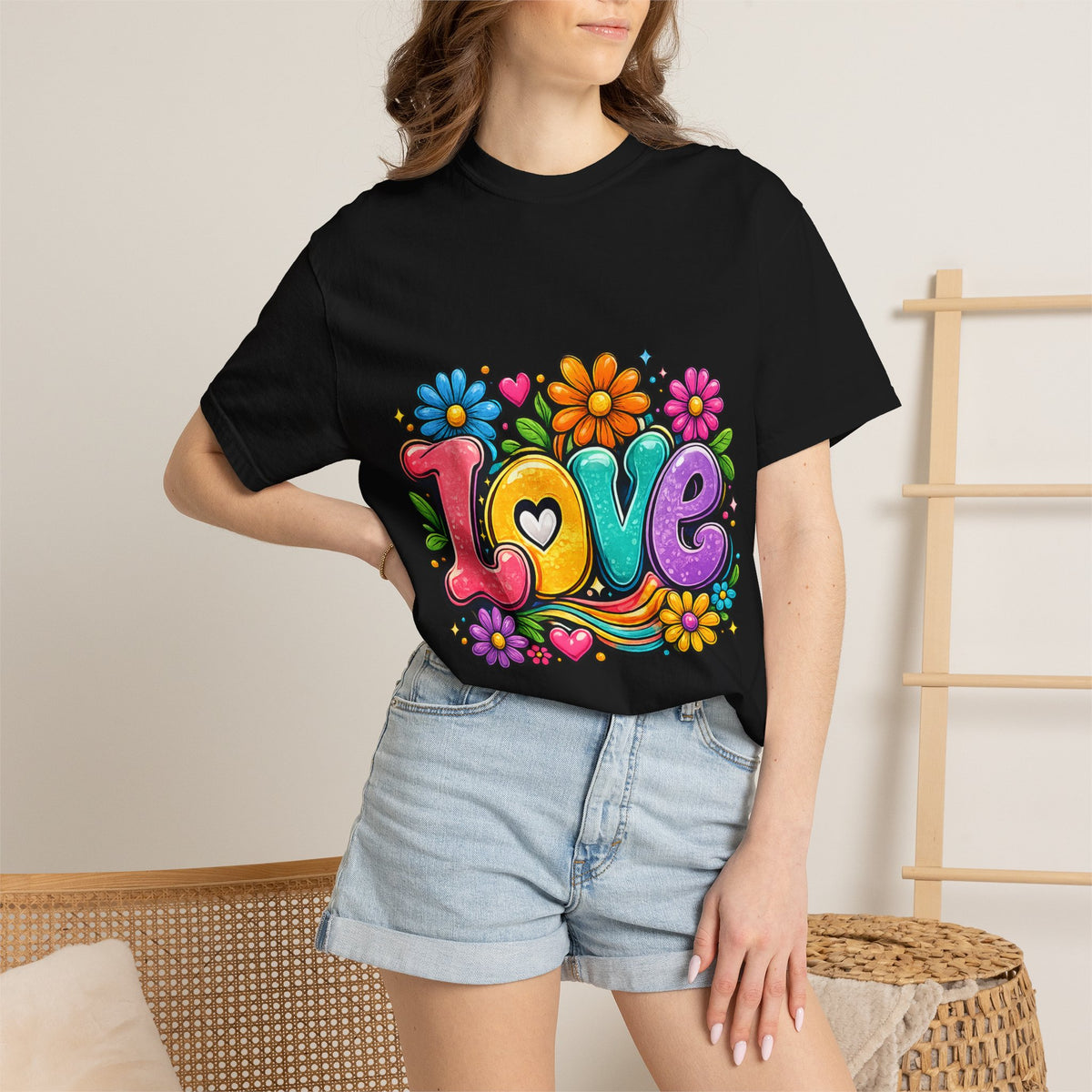 Retro Floral "Love" Design T-shirt | Colorful 70s Heart Typography
