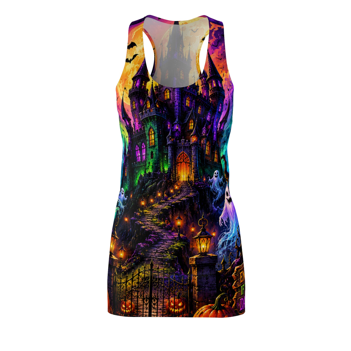 Halloween Haunted Castle Racerback Dress — Spooky Ghost & Pumpkin All-Over Print