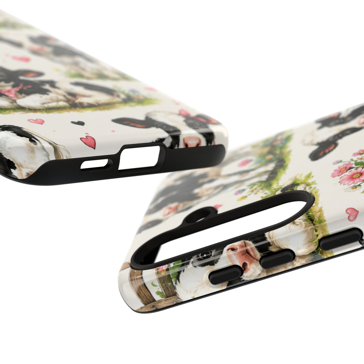 Cute Calf Pattern Phone Case – Pastel Cow Hearts & Flowers Protective Cover