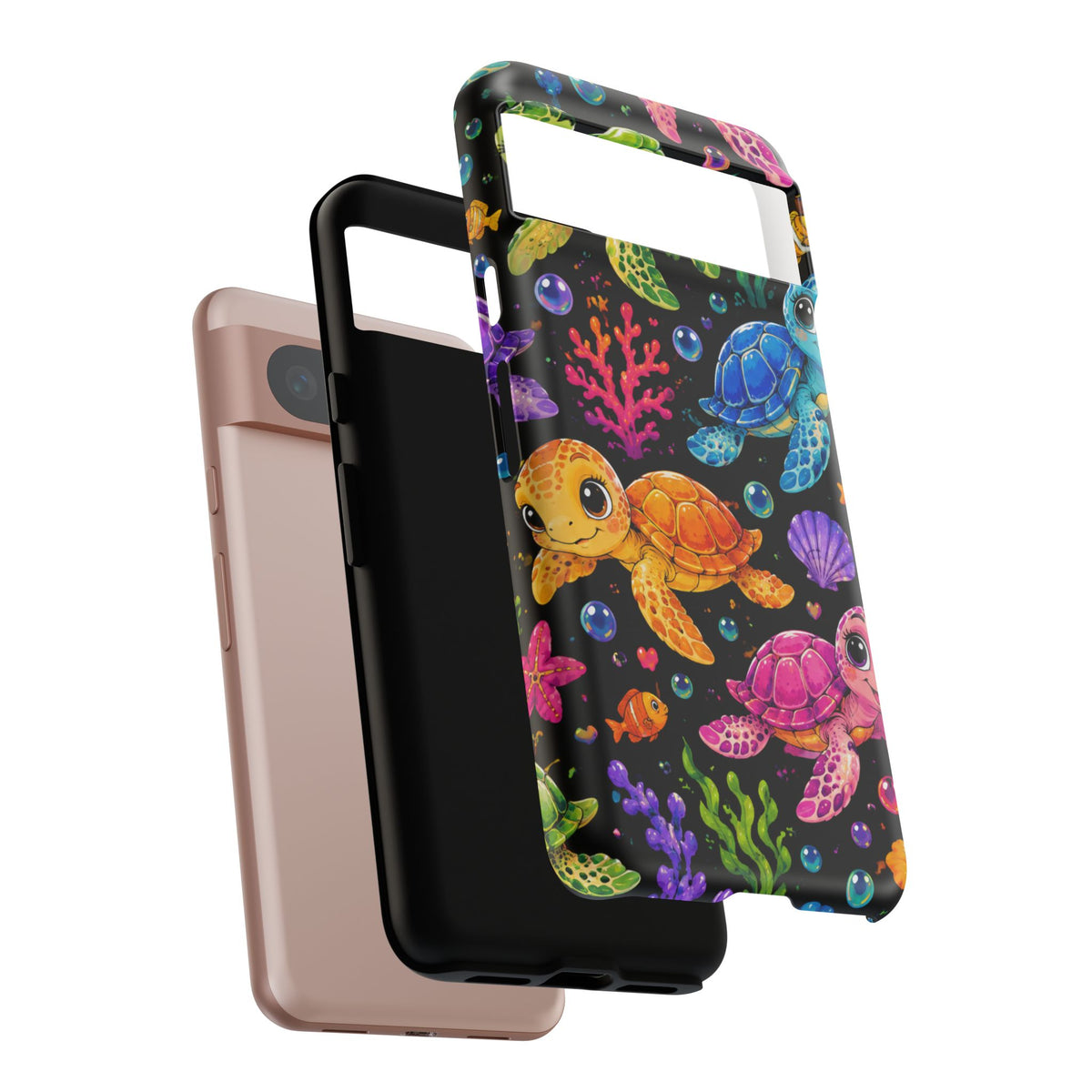 Phone Case — Colorful Cute Sea Turtles on Black (Protective Smartphone Cover)