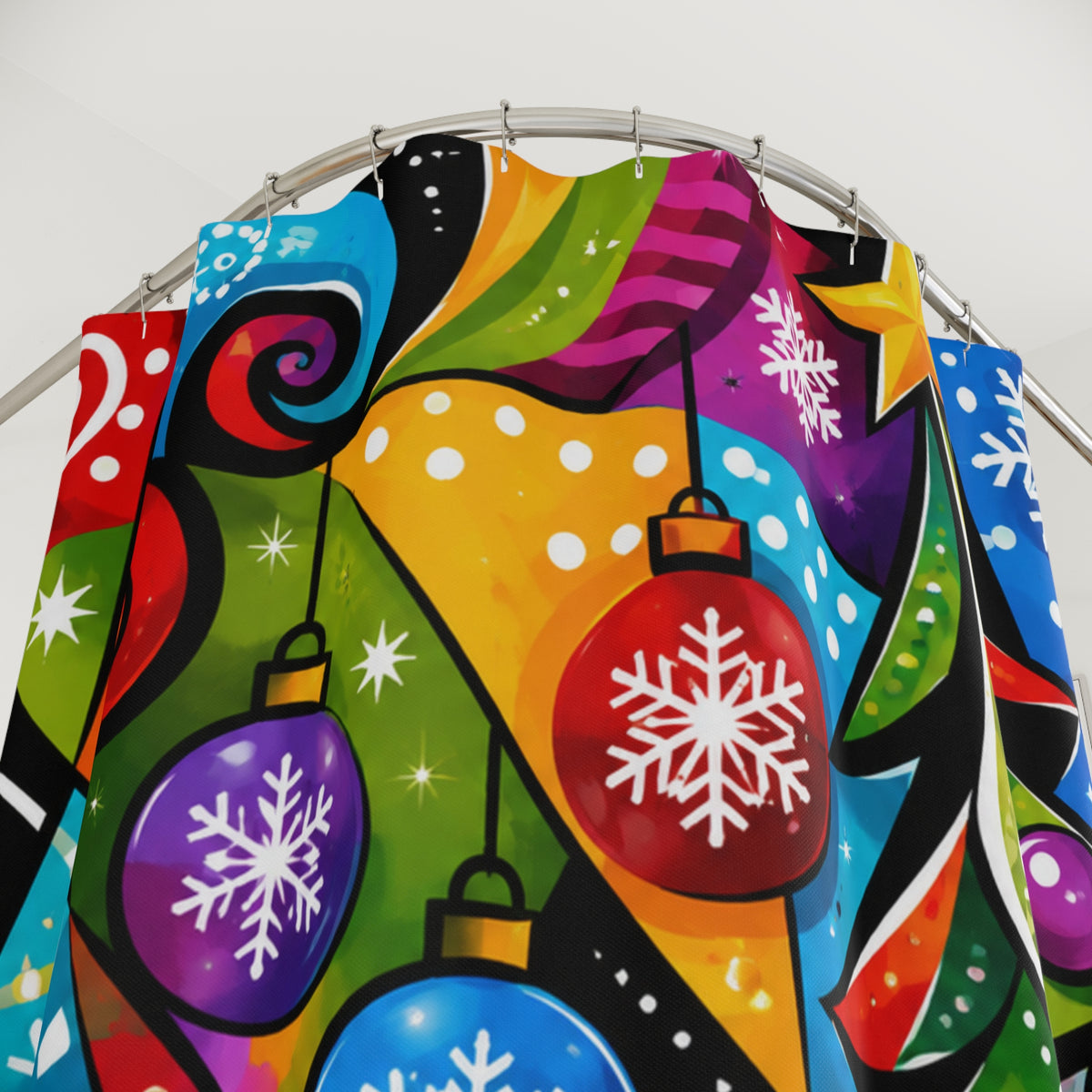 Colorful Pop Art Christmas Shower Curtain — Festive Tree, Ornaments & Gifts
