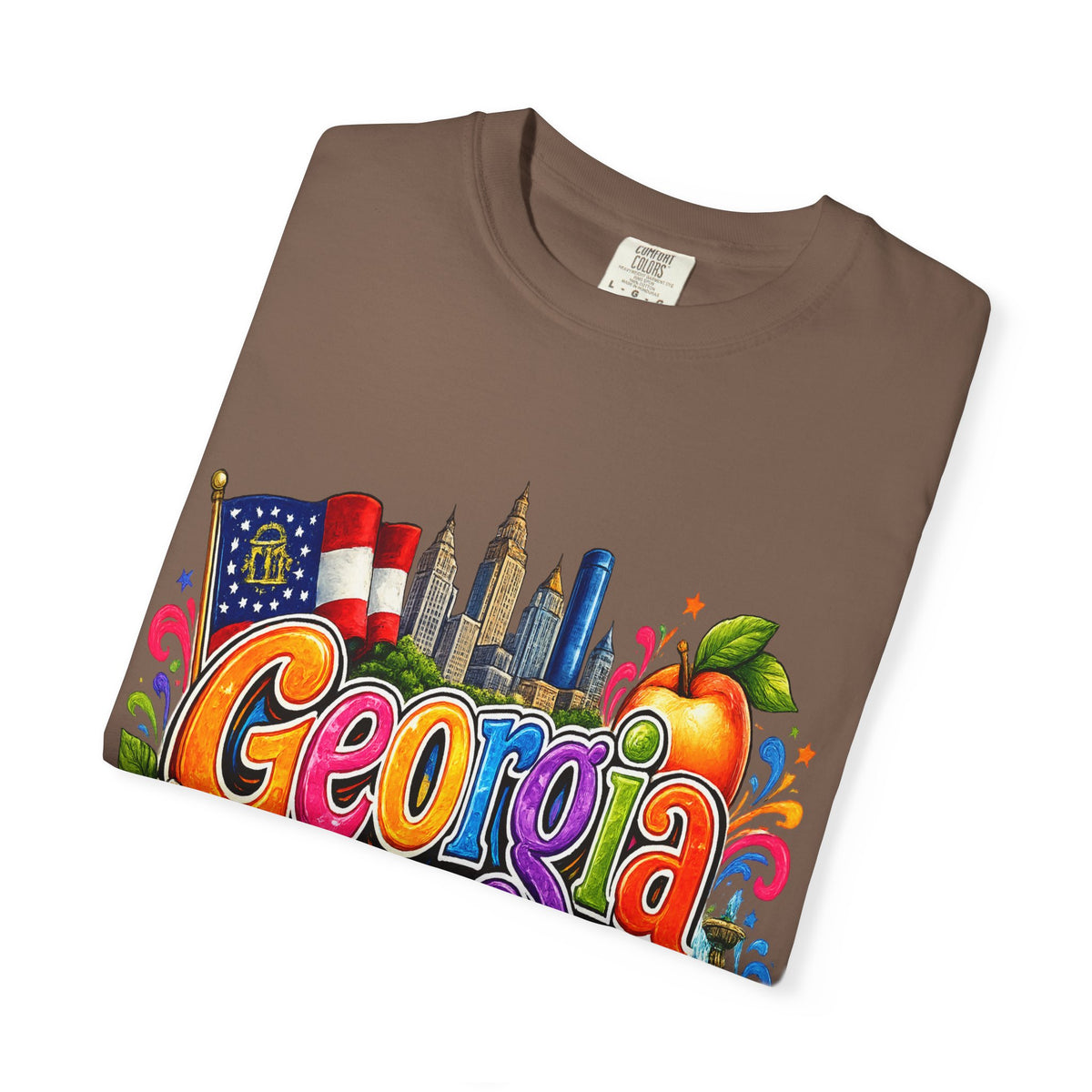 Georgia state illustration T-shirt | Atlanta skyline, peach, magnolia