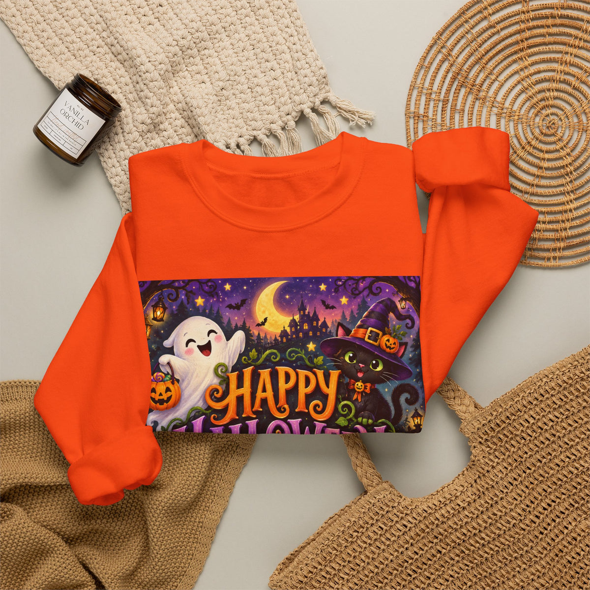 Happy Halloween Crewneck Sweatshirt — Cute Ghost & Jack-o'-Lantern Halloween Sweater