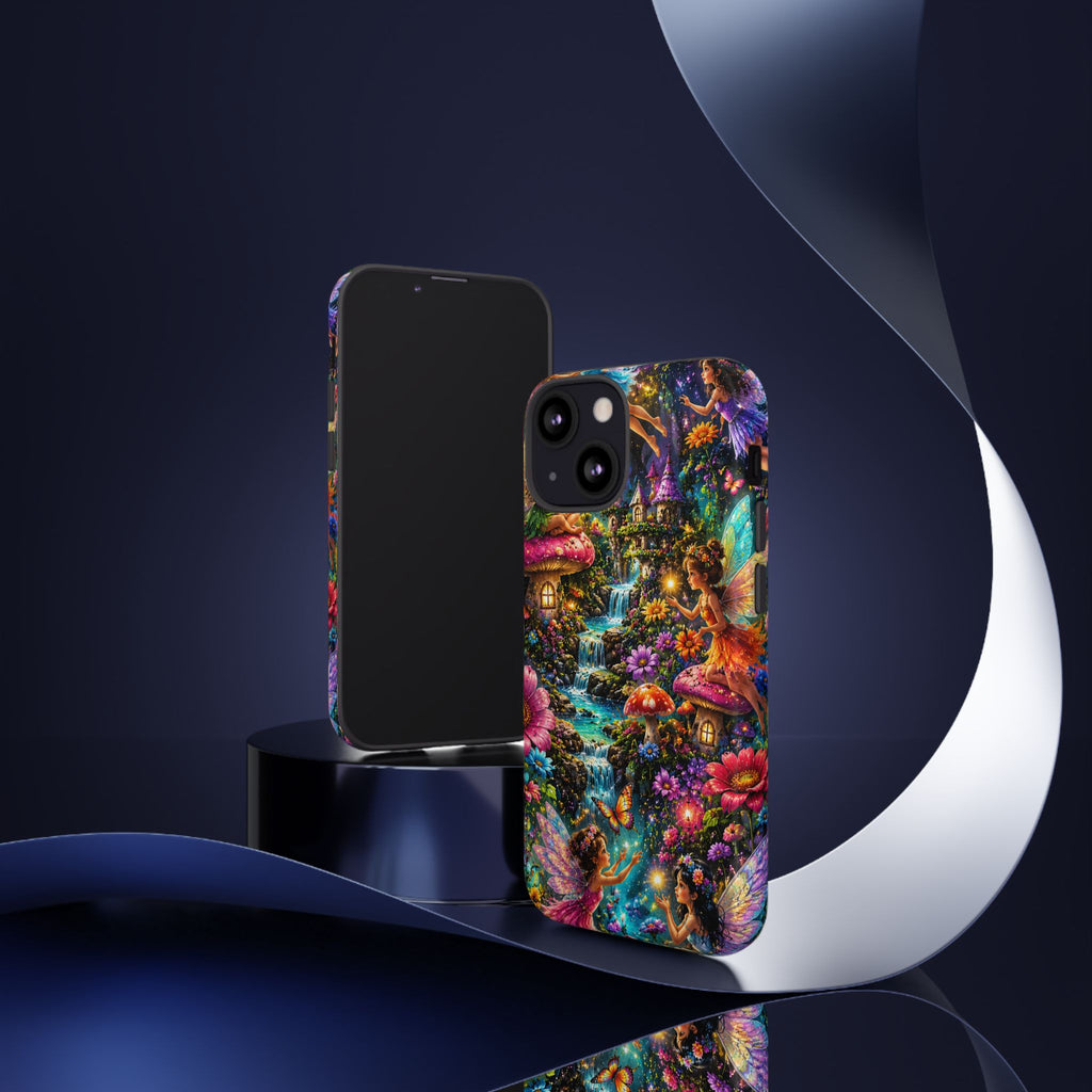 Fairy Garden Tough Phone Case — Whimsical Cottage, Waterfall & Mushroom Artwork
