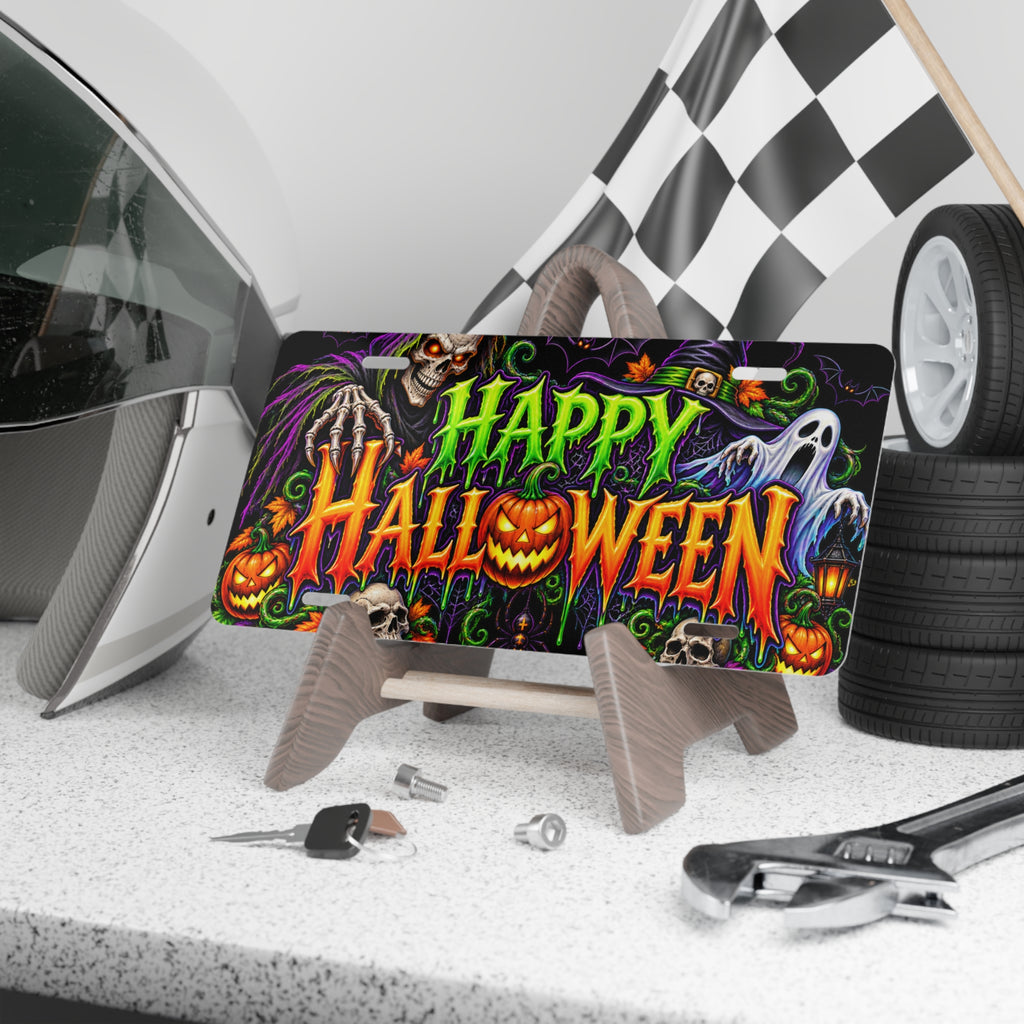 Happy Halloween Vanity Plate — Spooky Skull & Ghost License Plate