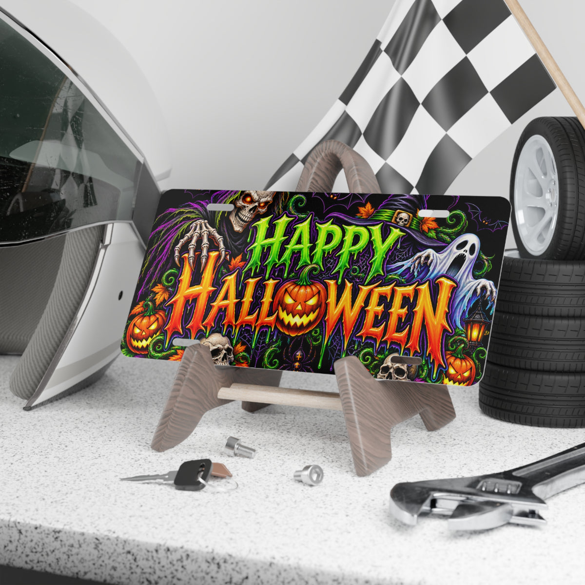Happy Halloween Vanity Plate — Spooky Skull & Ghost License Plate