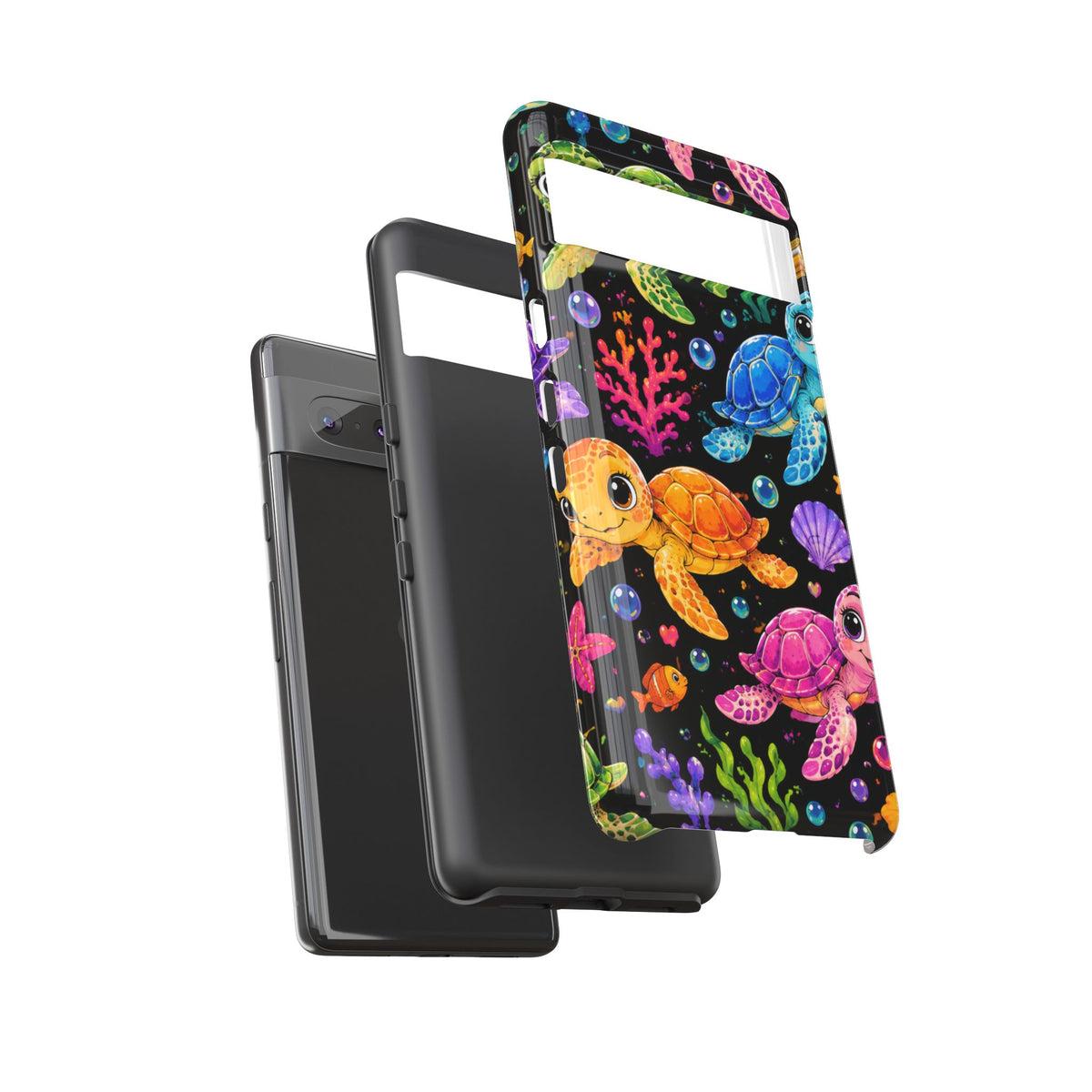 Phone Case — Colorful Cute Sea Turtles on Black (Protective Smartphone Cover)
