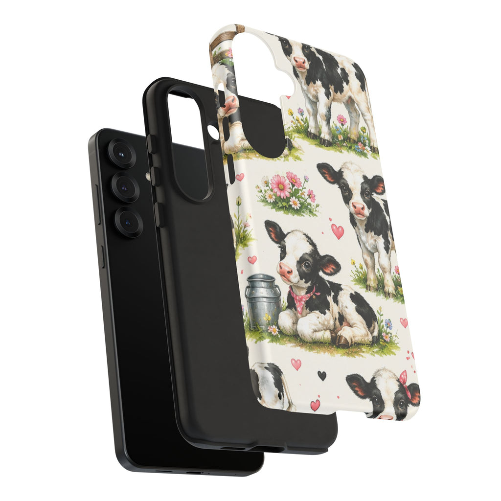 Cute Calf Pattern Phone Case – Pastel Cow Hearts & Flowers Protective Cover