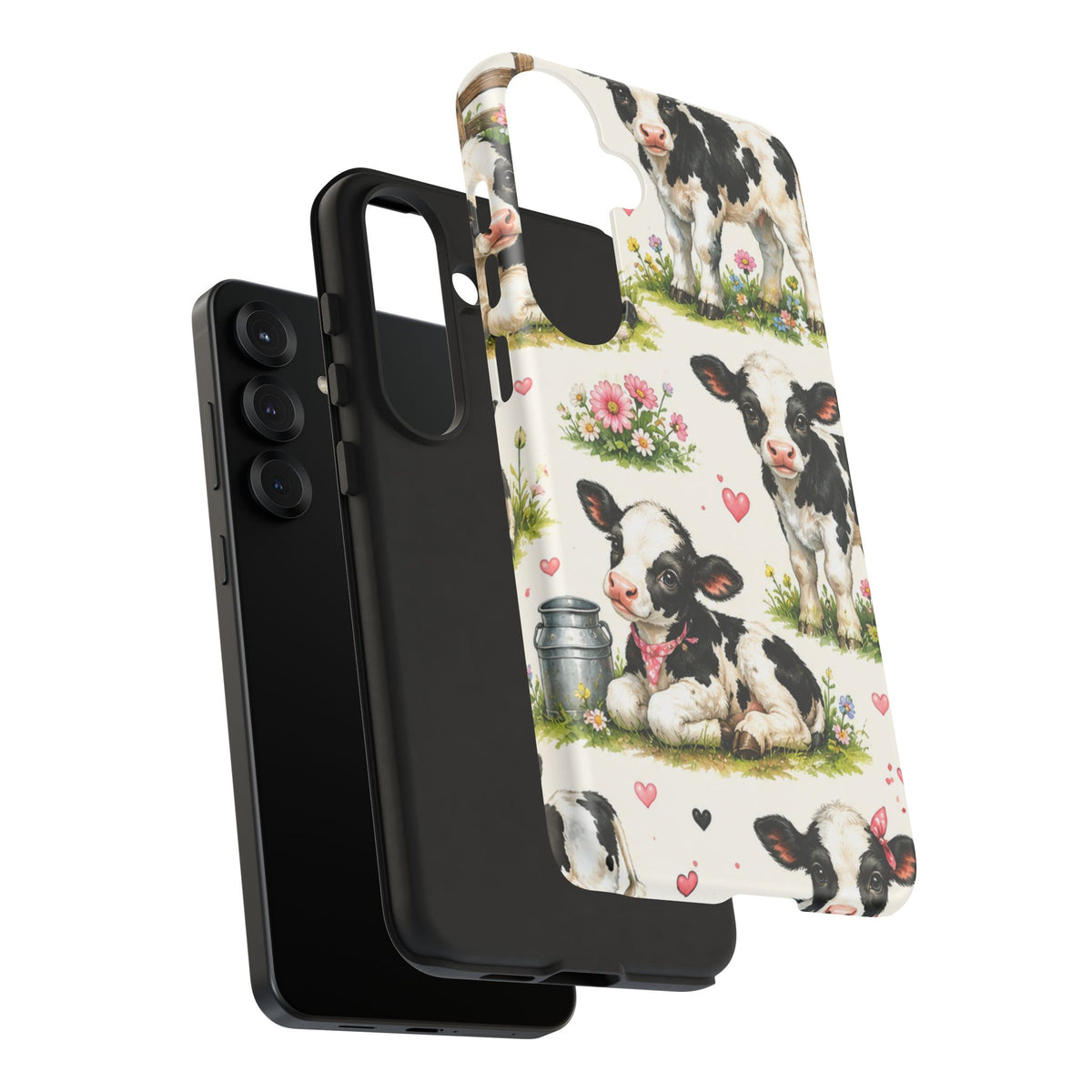Cute Calf Pattern Phone Case – Pastel Cow Hearts & Flowers Protective Cover