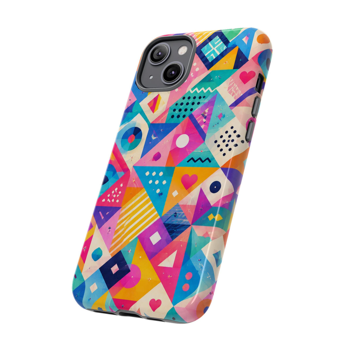 Colorful Geometric Tough Phone Case — Bright Abstract Heart & Triangle Pattern