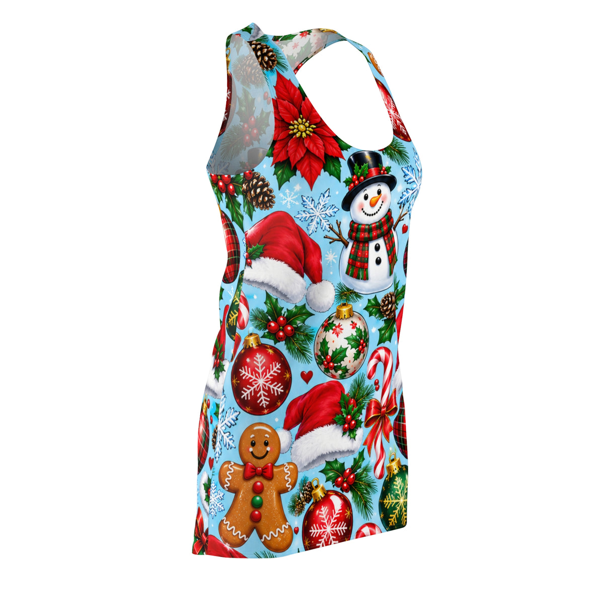 Christmas Racerback Dress — All-Over Snowman & Ornaments Print