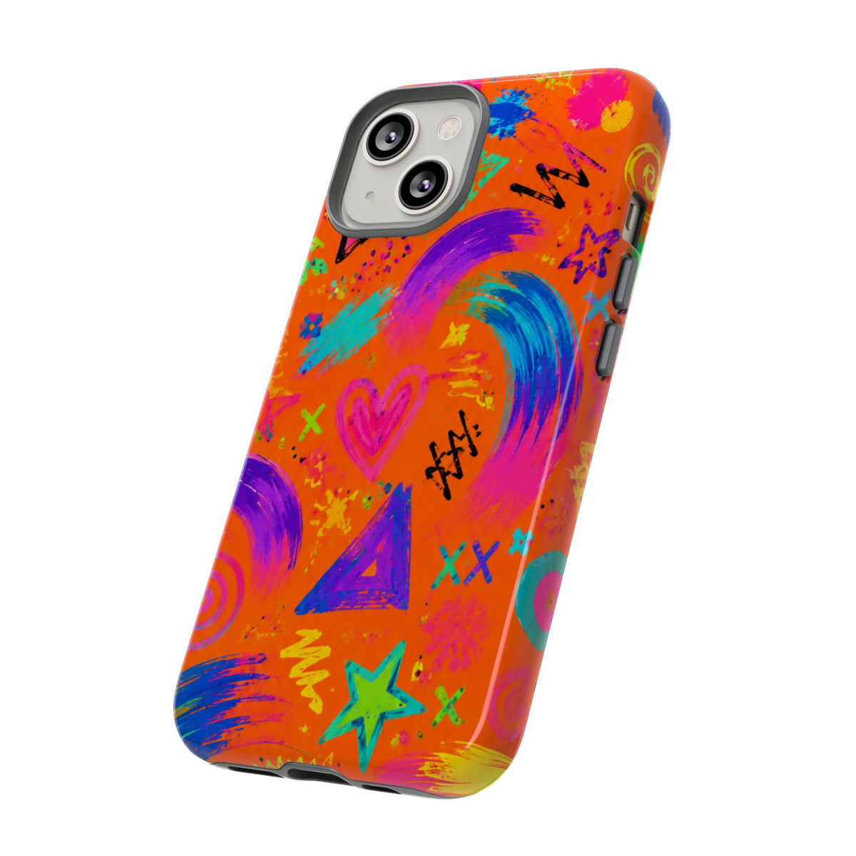 Colorful Neon Doodle Phone Case — Bright Abstract Stars & Hearts Tough Case
