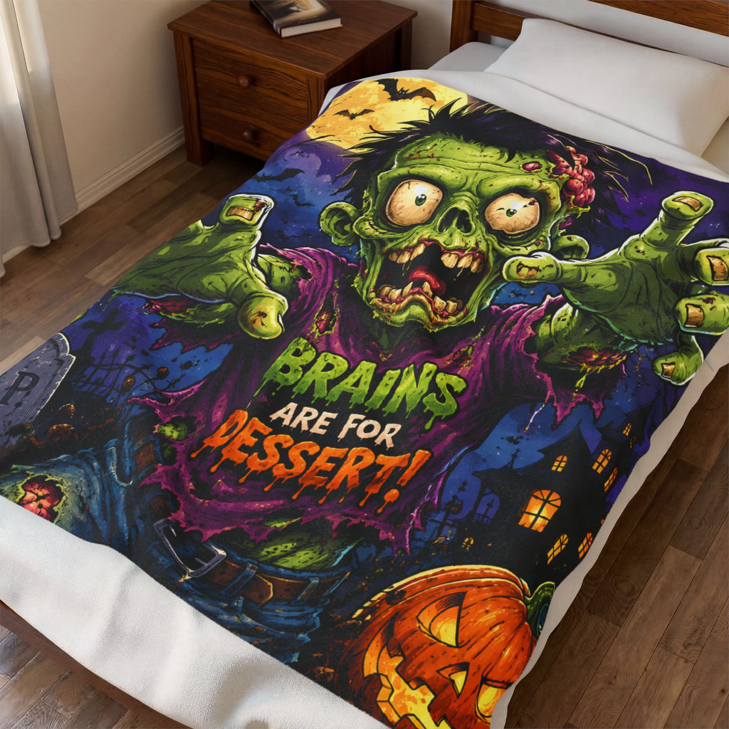 Zombie Plush Blanket – "Brains Are For Dessert!" Halloween Velveteen Throw