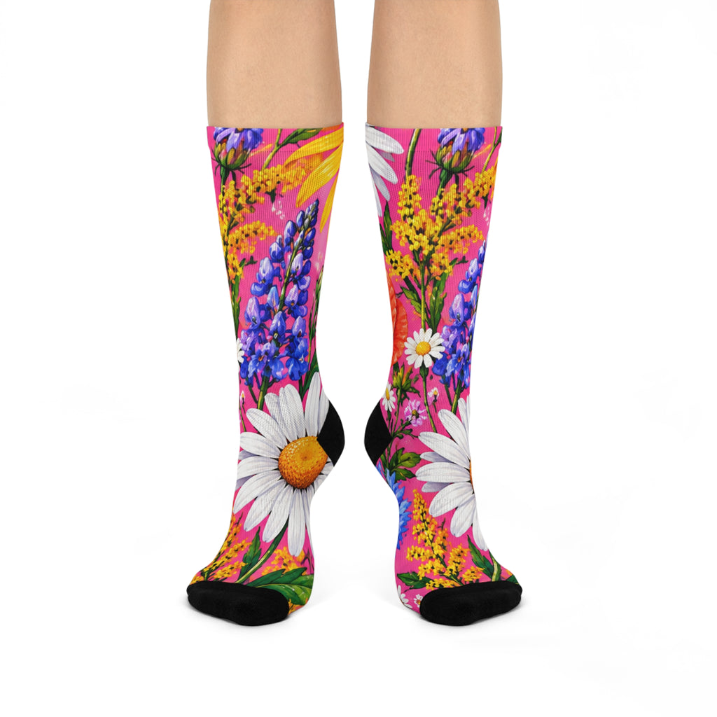 Floral Daisy & Lupine Cushioned Crew Socks — Bright Pink Garden Comfort