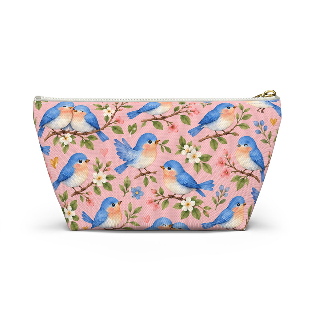 Bluebird Pattern Accessory Pouch | Pink Floral Zip Pouch