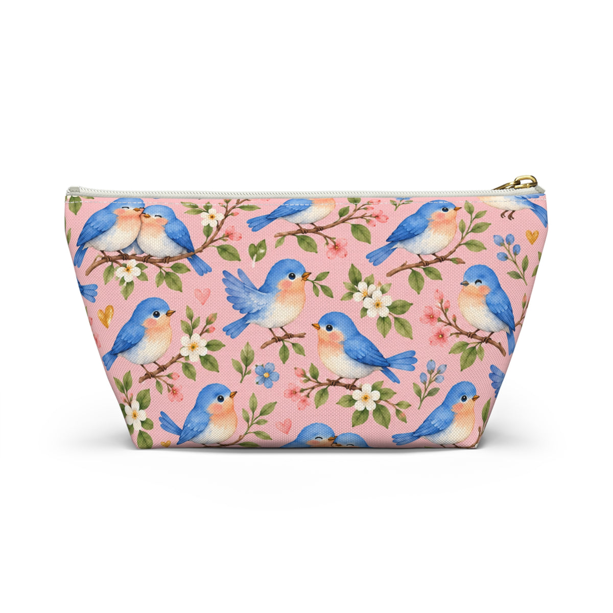 Bluebird Pattern Accessory Pouch | Pink Floral Zip Pouch