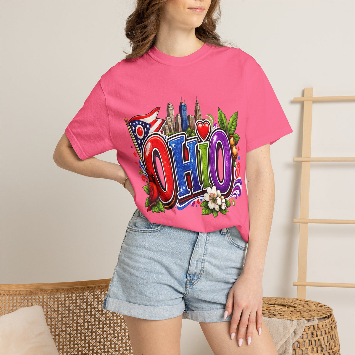 Ohio State Skyline Graphic T-shirt | State Flag Floral Design