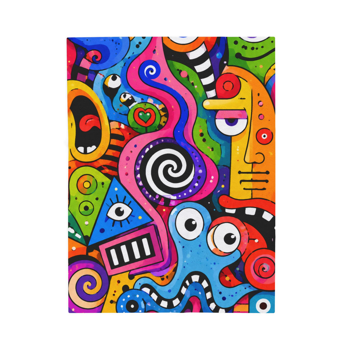 Abstract Pop Art Velveteen Plush Blanket — Colorful Psychedelic Faces Throw