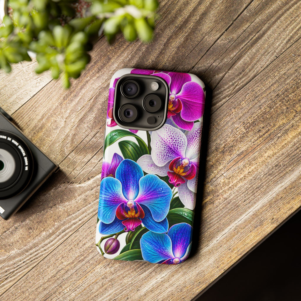 Orchid Floral Tough Phone Case – Vibrant Blue & Pink Orchid Protective Cover