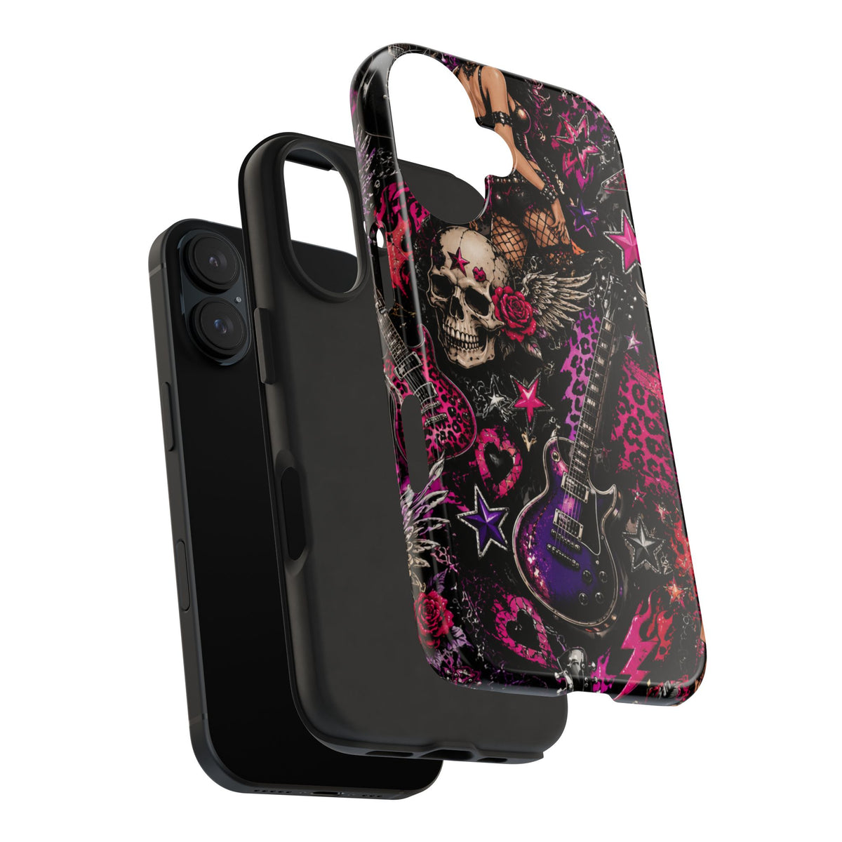 Rock Skull Guitar Phone Case — Edgy Pink Skull & Roses Tough Phone Case