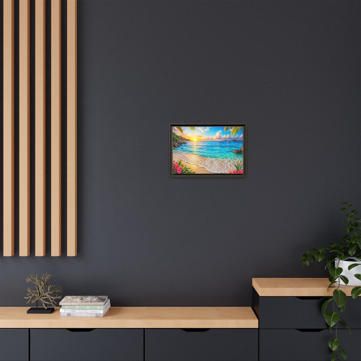 Framed Beach Sunset Matte Canvas Wall Art — Tropical Ocean Sunrise Decor