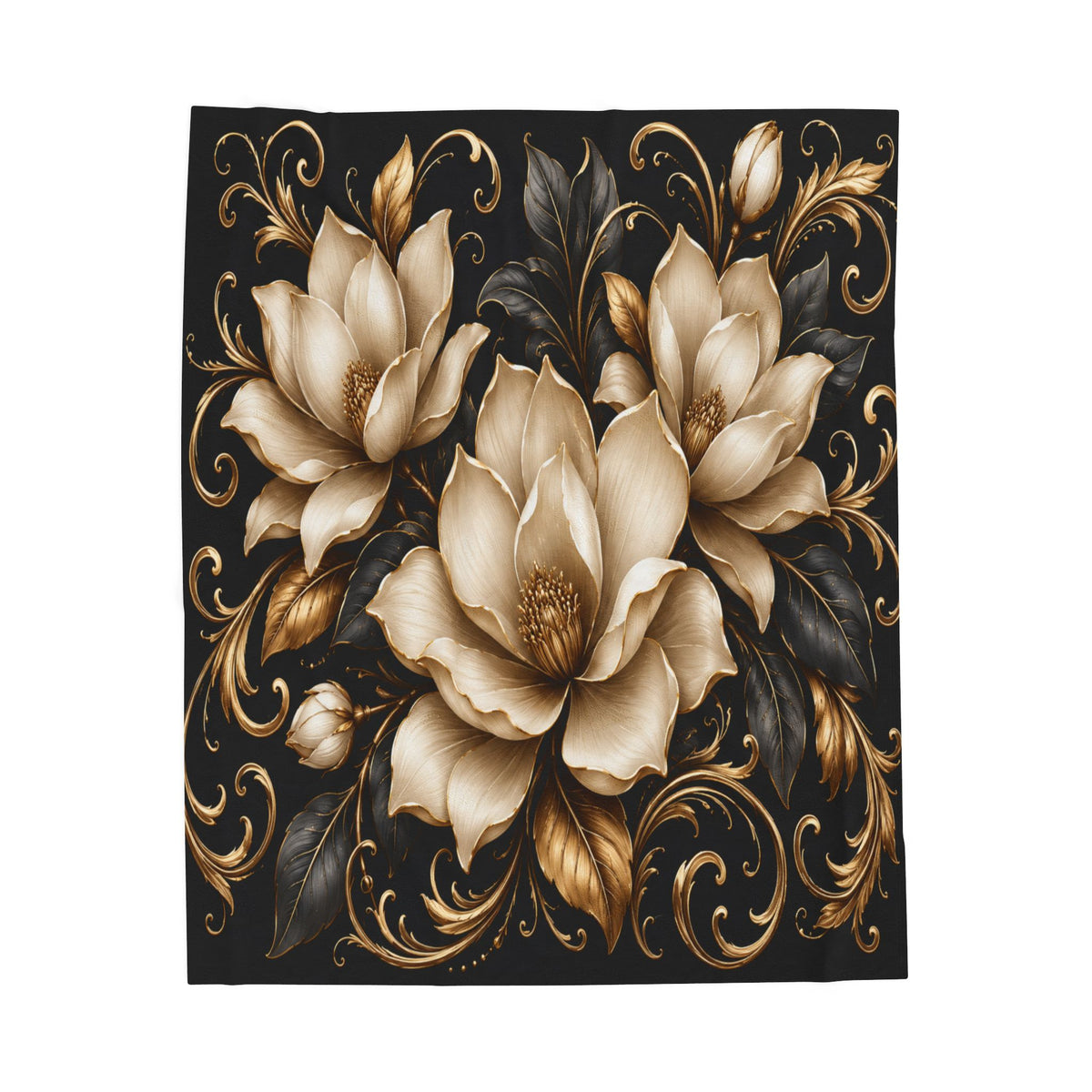 Velveteen Plush Blanket — Elegant Gold Magnolia Floral Throw