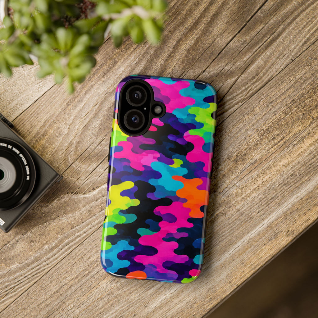 Neon Camo Tough Phone Case — Bright Rainbow Protective iPhone Cover