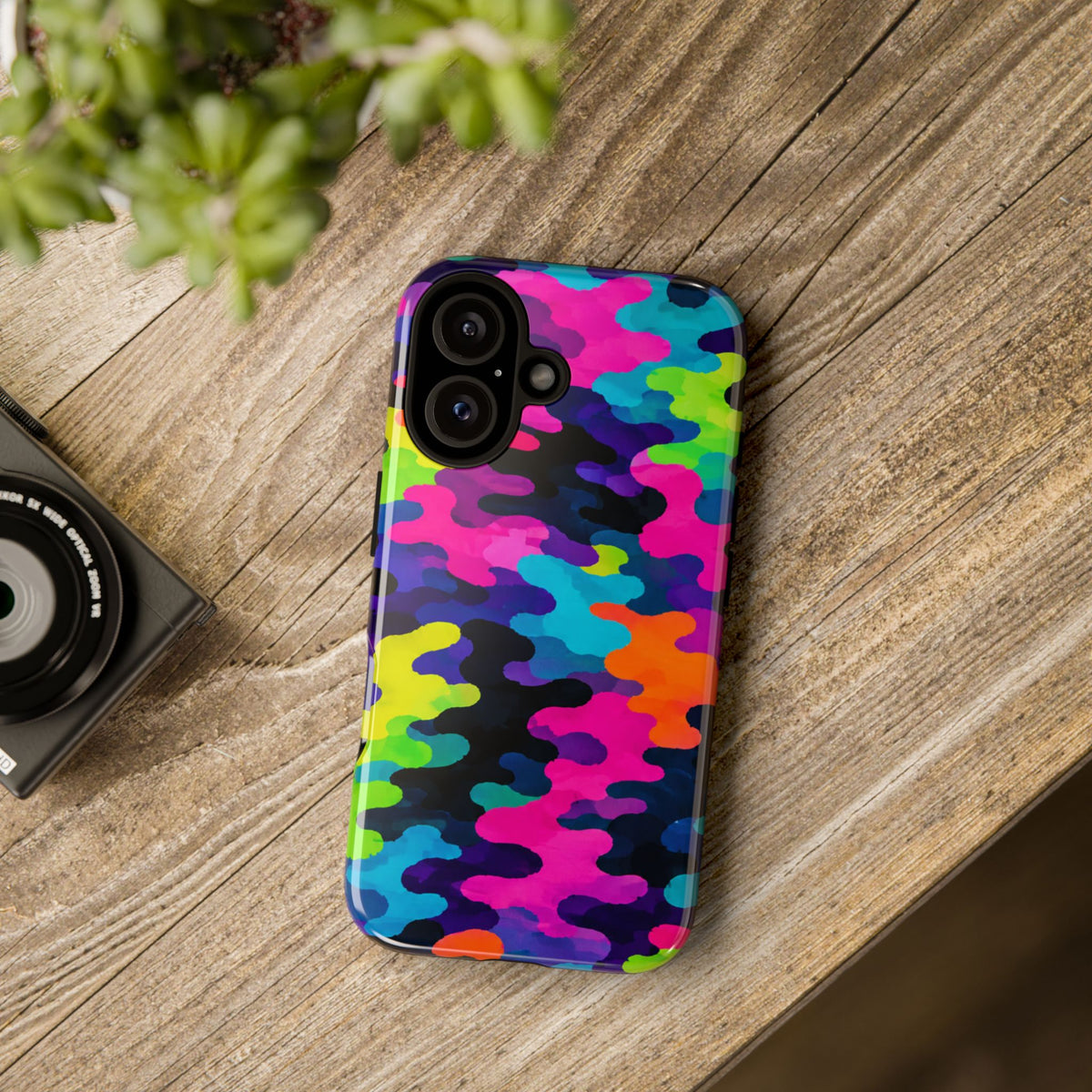 Neon Camo Tough Phone Case — Bright Rainbow Protective iPhone Cover