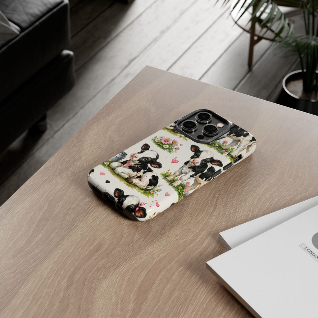 Cute Calf Pattern Phone Case – Pastel Cow Hearts & Flowers Protective Cover