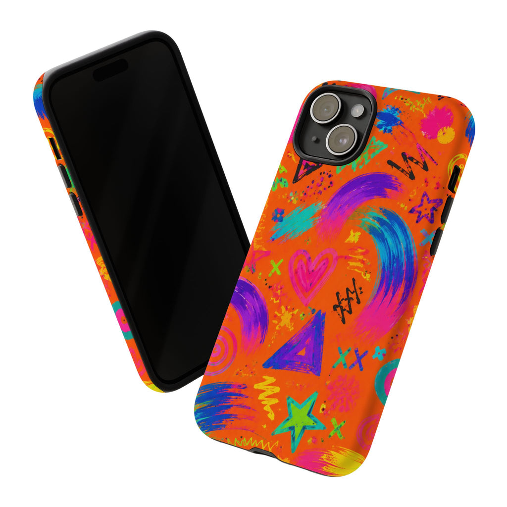 Colorful Neon Doodle Phone Case — Bright Abstract Stars & Hearts Tough Case