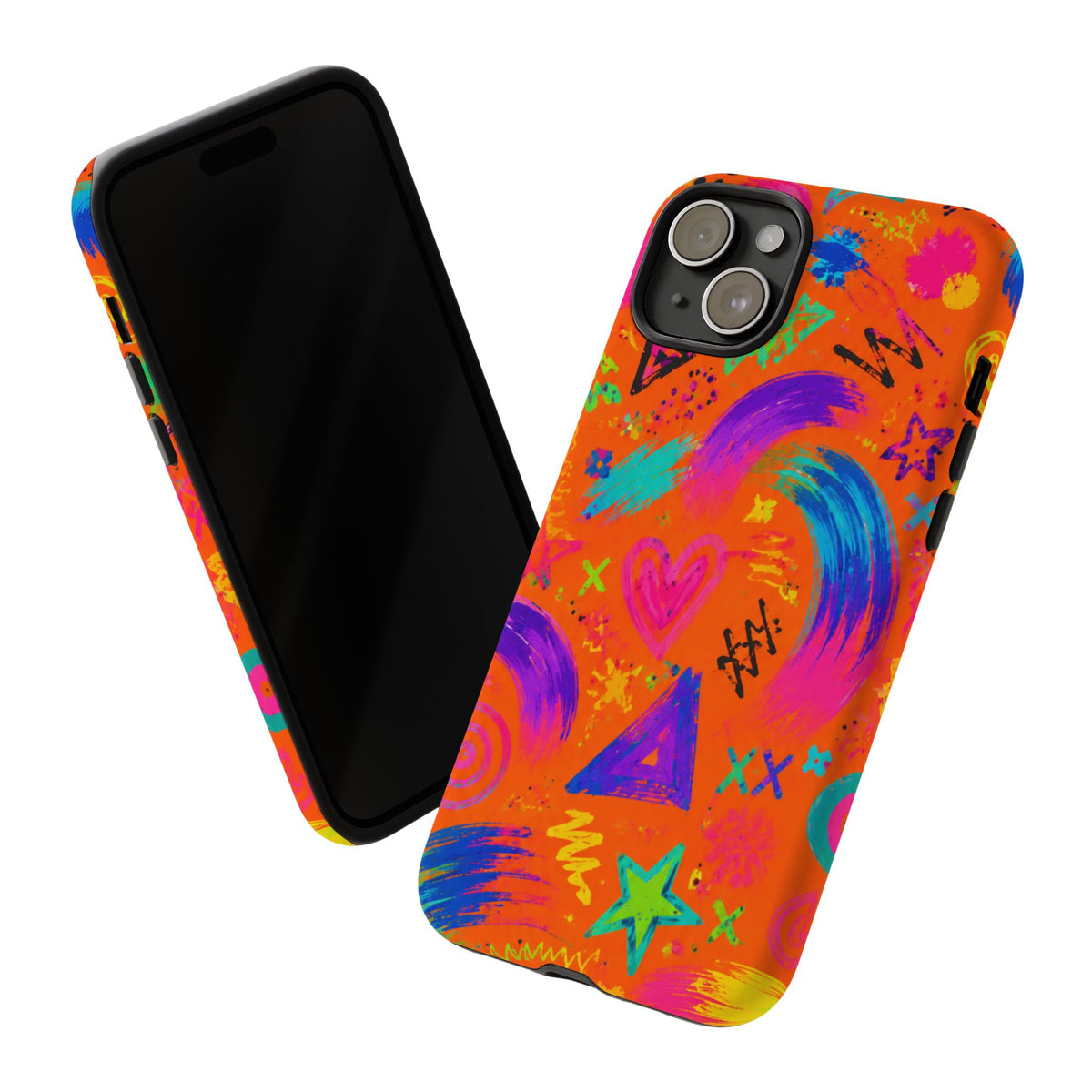 Colorful Neon Doodle Phone Case — Bright Abstract Stars & Hearts Tough Case
