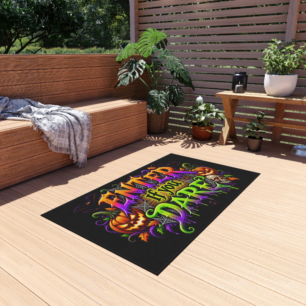 Outdoor Rug — "Enter If You Dare" Halloween Doormat with Pumpkins & Skull