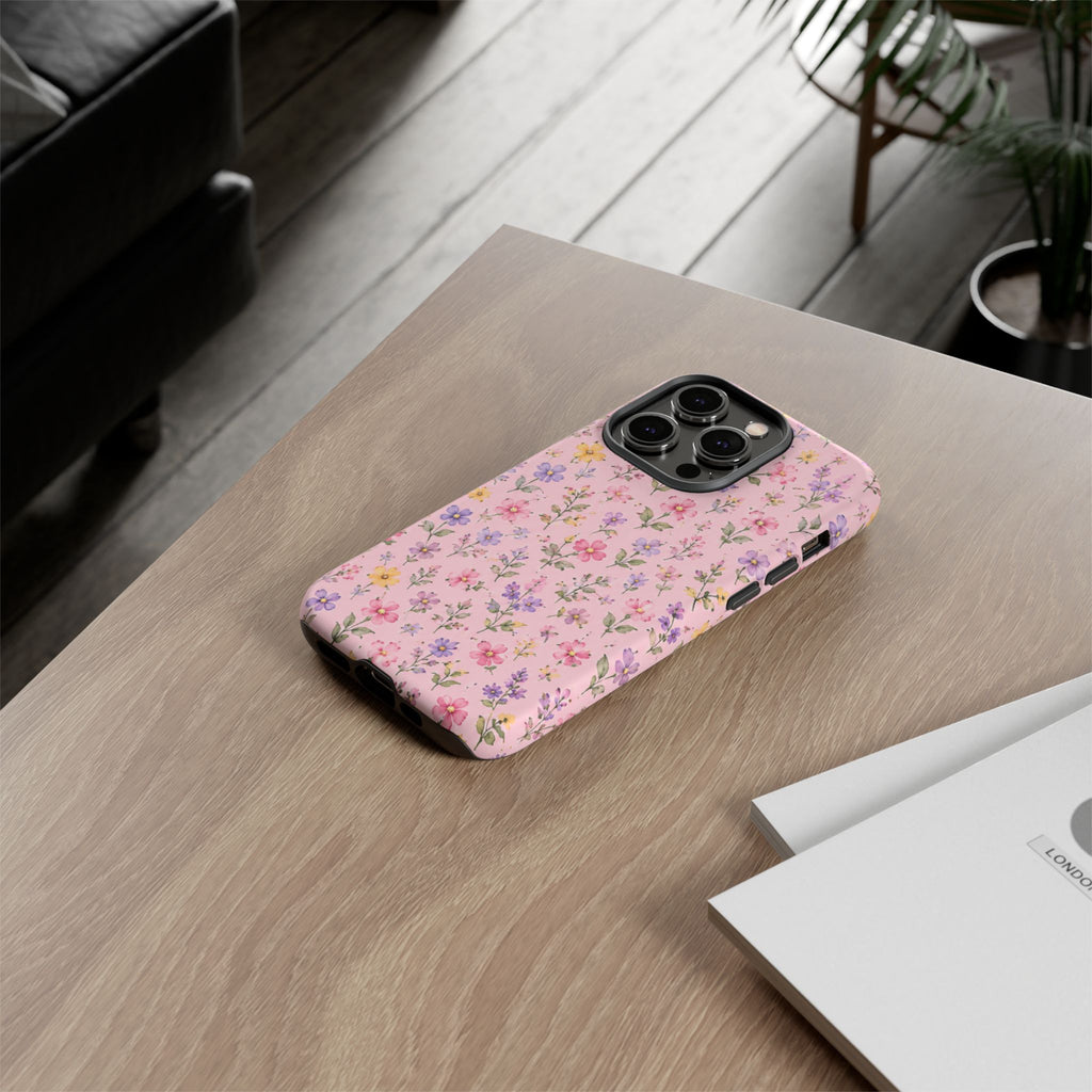 Floral Pink Tough Phone Case — Pastel Wildflower Protective Case