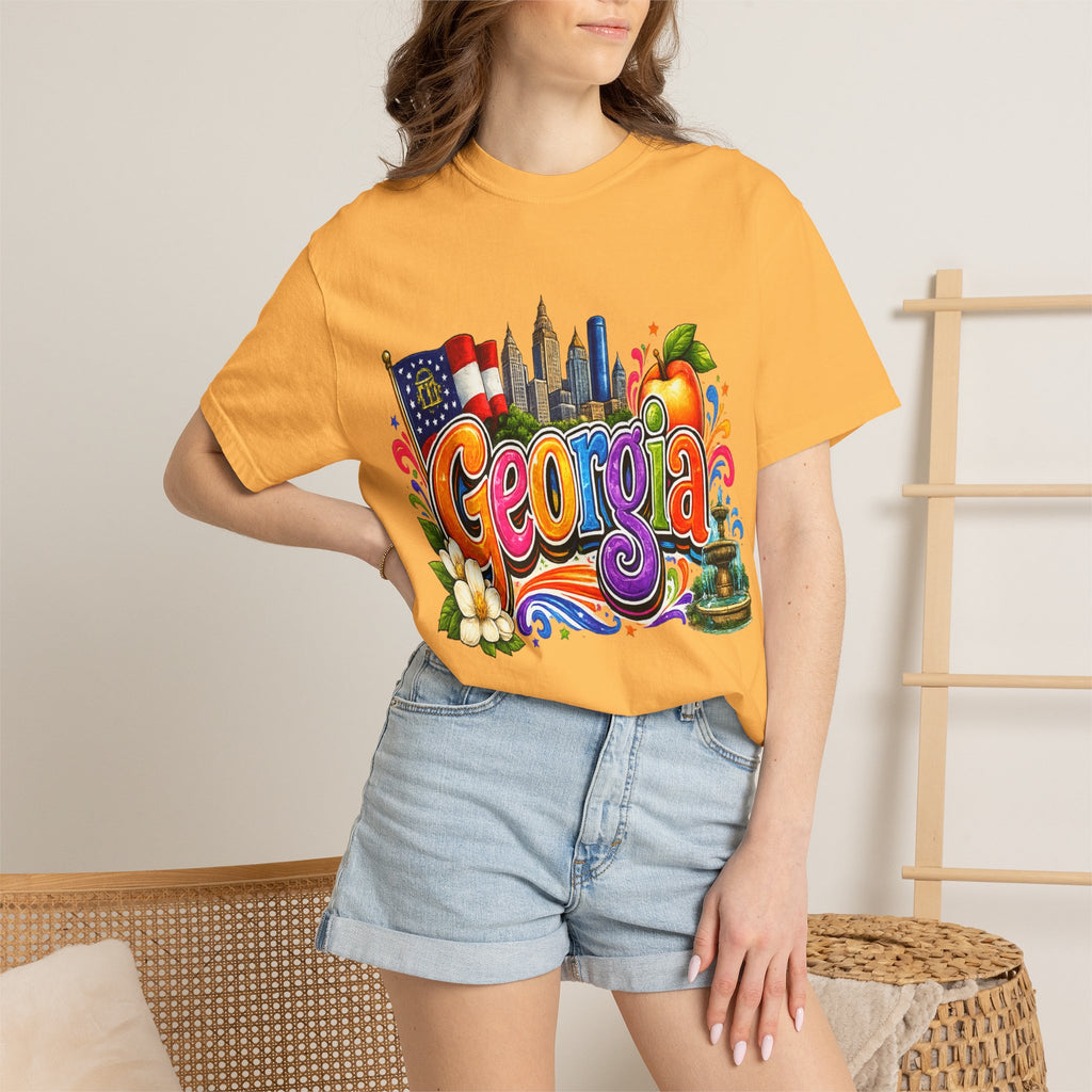 Georgia state illustration T-shirt | Atlanta skyline, peach, magnolia