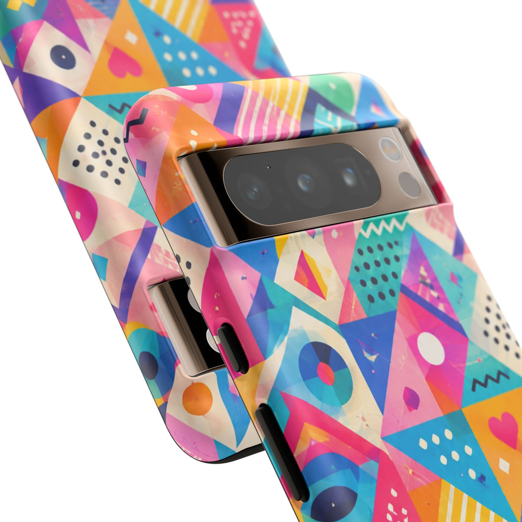 Colorful Geometric Tough Phone Case — Bright Abstract Heart & Triangle Pattern