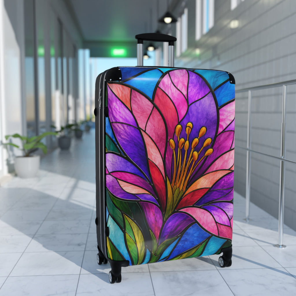 Floral Stained Glass Carry-On Suitcase — Vibrant Pink & Purple Travel Luggage