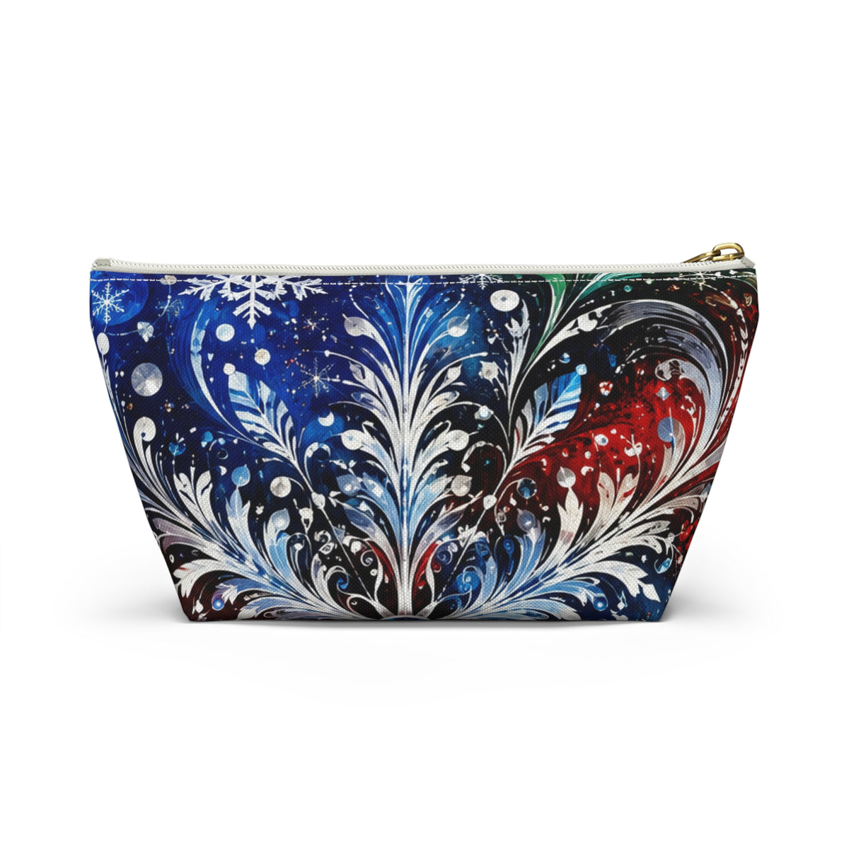 Winter Floral Accessory Pouch — Snowflake Cosmetic Bag with T-Bottom